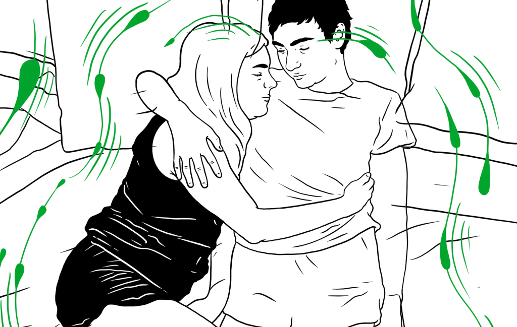 Illustration of lovers laying together in a bed