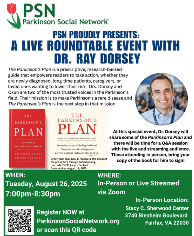 Virginia Parkinson's roundtable discussion flyer in fairfax or virtually August 26th 7-8pm 