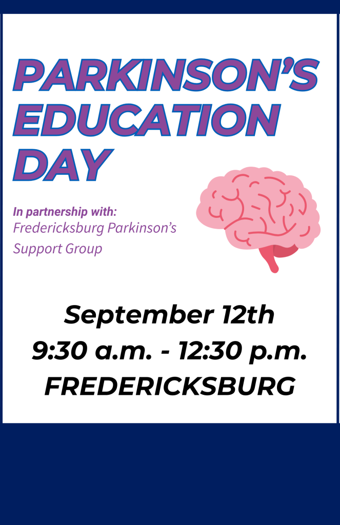 Registration flyer for the Parkinson's Education Event in Fredericksburg Virginia on 9/12