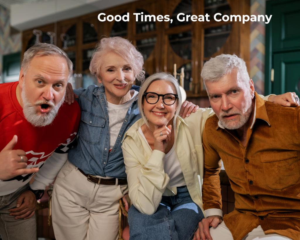 4 older people friends, having a good time at APDA Strictly Social